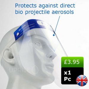 Face shield protects against direct bio projectile aerosols