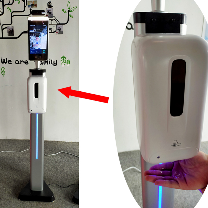 Temperature scanning kiosk with automatic hand sanitizer dispenser