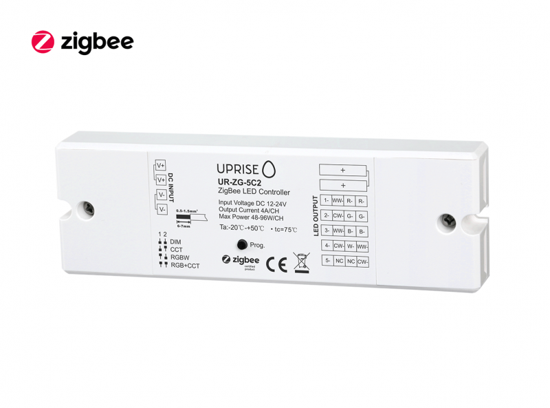ZigBee 5CH LED Controller Receiver For RGBCW (12V-24V) Diagonal View 4 - UR-ZG-5C2-01b