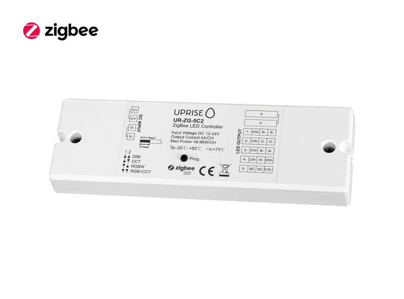 ZigBee 5CH LED Controller Receiver For RGBCW (12V-24V) Diagonal View 3 - UR-ZG-5C2-02b